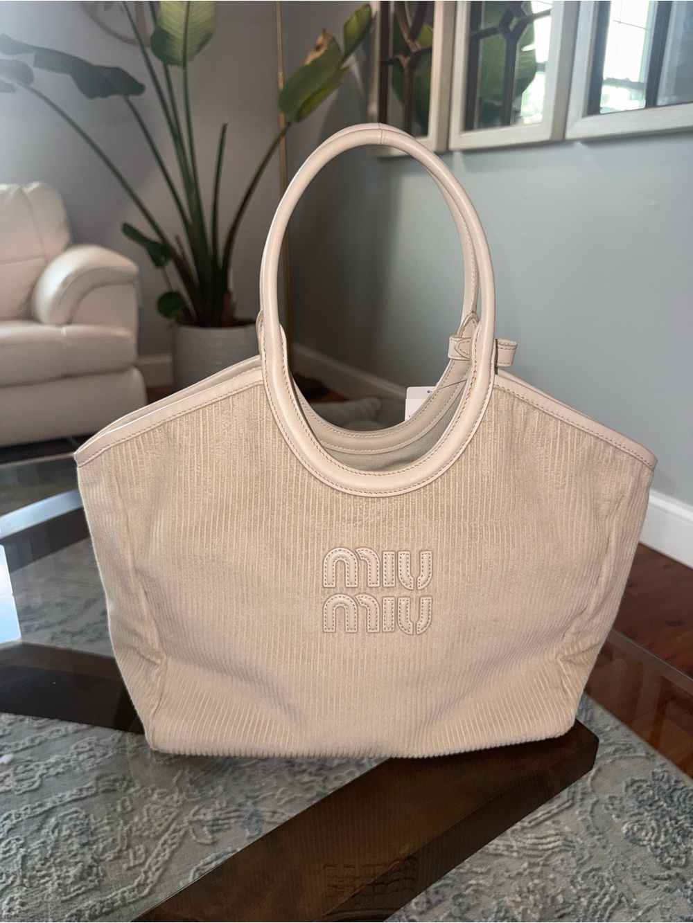 Miu Miu Ivy Beige Corduroy Tote Bag Pre-Loved Great Condition